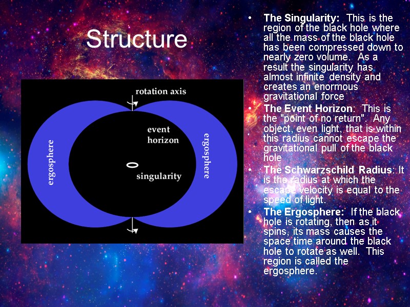 Structure The Singularity:  This is the region of the black hole where all